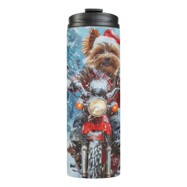 Biewer Terrier Dog Riding Motorrad Weihnachten Thermosbecher (Vorderseite)