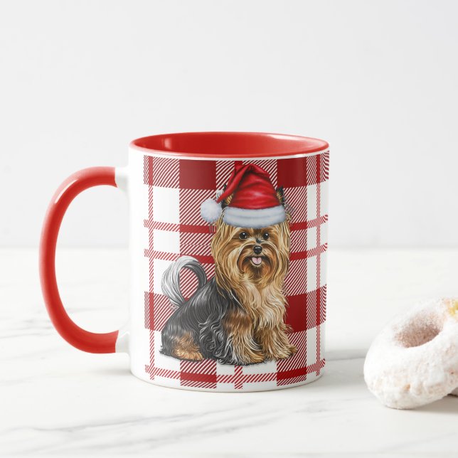 Biewer Terrier Dog und ein Red Holiday Kariert Tasse (Mit Donut)