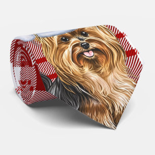 Biewer Terrier Dog und Red Kariert Christmas Krawatte