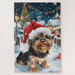 Biewer Terrier Dog Winter Wonderland Christmas Joy<br><div class="desc">Dieses festliche Design spiegelt den fröhlichen Geist der Urlaubssaison wider und besticht durch ein hübsches Jungtier mit einer Weihnachtsmannmütze. Der Hund ist eingebettet in ein winterliches Wunderland, mit einem Schneemann, einem dekorierten Weihnachtsbaum und wunderschön verpackten Geschenken. Schneeflocken fallen sanft ab und geben der Szene eine magische Touch, während die lebhaften...</div>