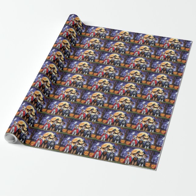 Biewer Terrier Dogs Pumpkin Halloween Funny Geschenkpapier (Ungerollt)