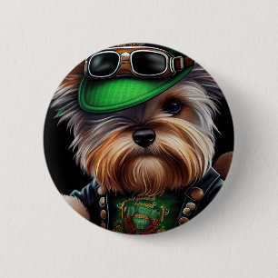 Biewer Terrier Hund fährt Fahrrad St. Patrick's Da Button
