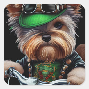 Biewer Terrier Hund fährt Fahrrad St. Patrick's Da Quadratischer Aufkleber