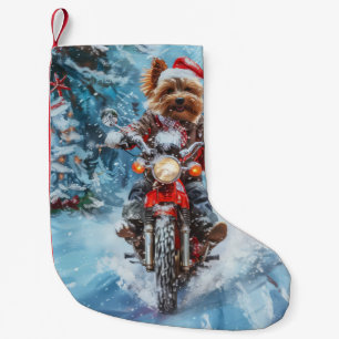 Biewer Terrier Hund fährt Motorrad Weihnachten Kleiner Weihnachtsstrumpf