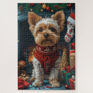 Biewer Terrier Hund mit Weihnachtsgeschenken Kamin