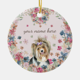 Biewer Terrier Hund Welpe Blumenmuster Keramik Ornament