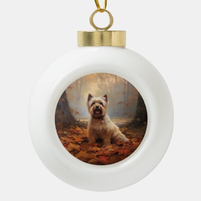 Biewer Terrier im Herbst Leaves Fall Inspiriert Keramik Kugel-Ornament (Vorderseite)