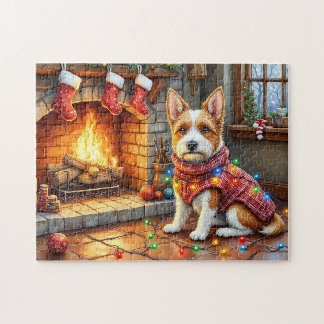 Biewer Terrier Kamin mit Weihnachtslichtern (Horizontal)