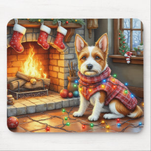 Biewer Terrier Kamin mit Weihnachtslichtern Mousepad