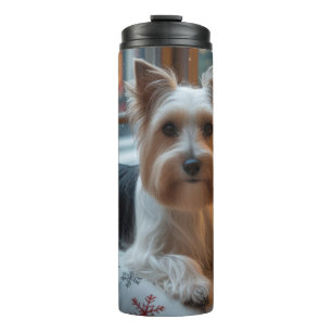 Biewer Terrier mit Weihnachtsbeleuchtung Feiertage Thermosbecher