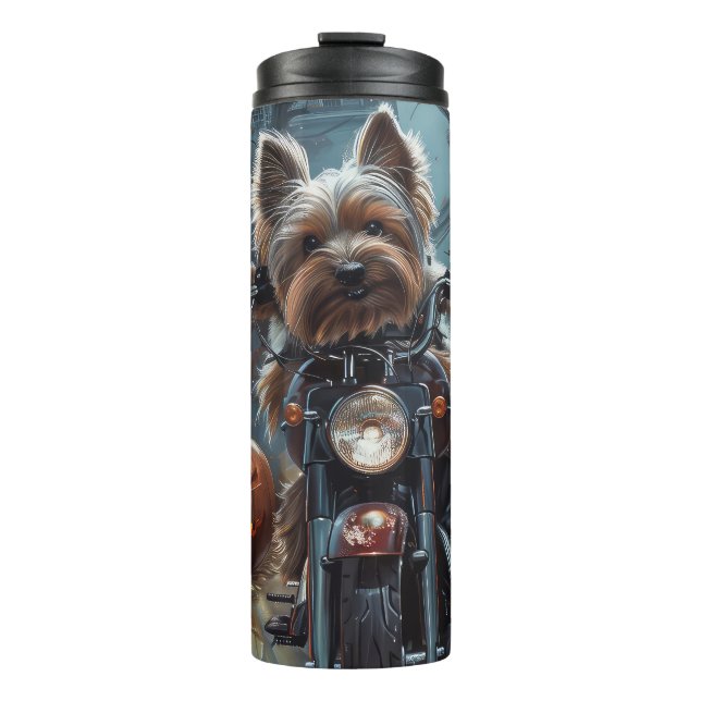 Biewer Terrier Riding Motorrad Halloween Beängstig Thermosbecher (Vorderseite)