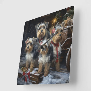Biewer Terrier Schnee Schlitten Weihnachtsdekorati Quadratische Wanduhr