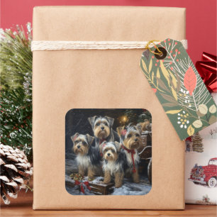 Biewer Terrier Schnee Schlitten Weihnachtsdekorati Quadratischer Aufkleber