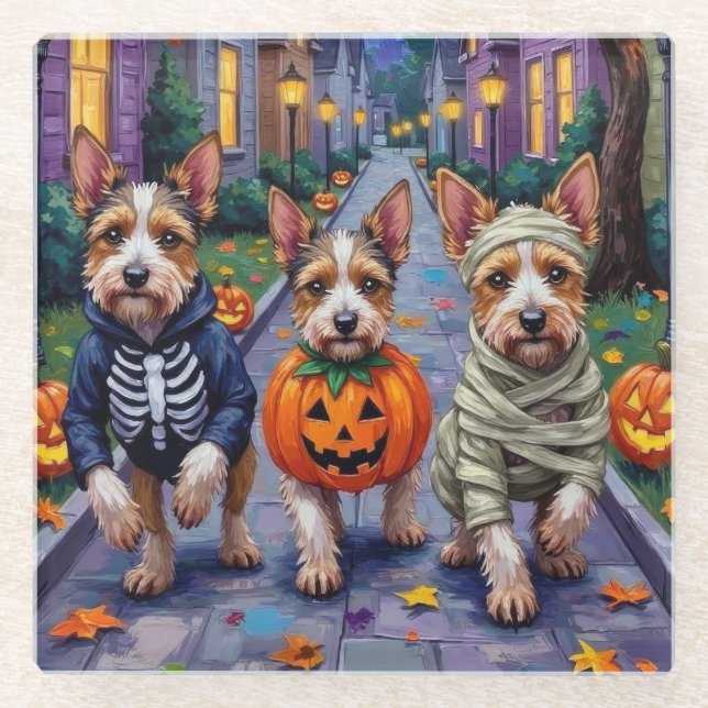 Biewer Terrier Trick-or-Treating Halloween-Kostüm Glasuntersetzer (Vorderseite)
