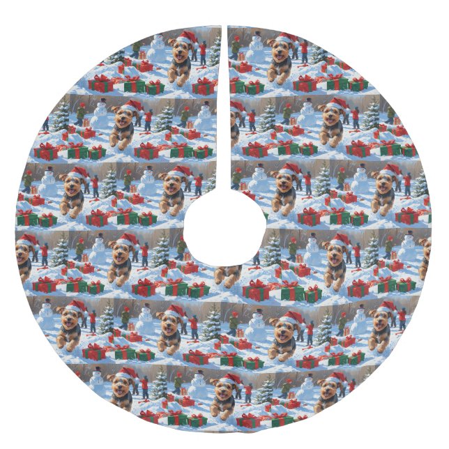 Biewer Terrier Weihnachtsfest-Schneeszene Polyester Weihnachtsbaumdecke (Vorderseite)