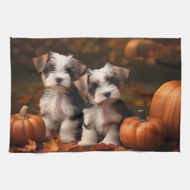 Biewer Terrier Welppy Autumn Delight Pumpkin Geschirrtuch (Horizontal)