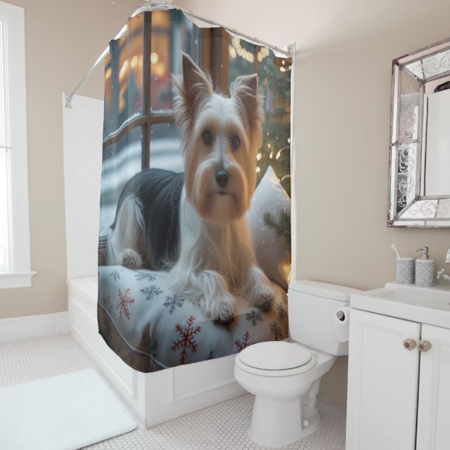 Biewer Terrier With Christmas Lights Holiday Duschvorhang (Beispiel)