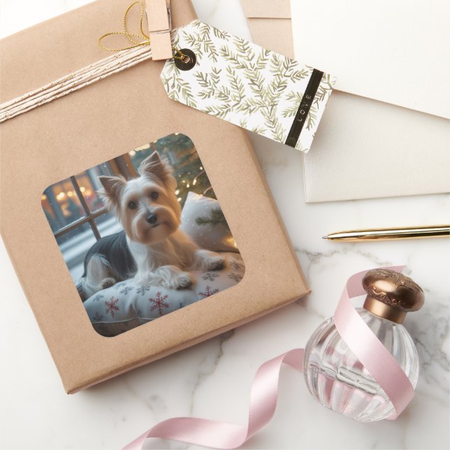 Biewer Terrier With Christmas Lights Holiday Quadratischer Aufkleber (Schenken)