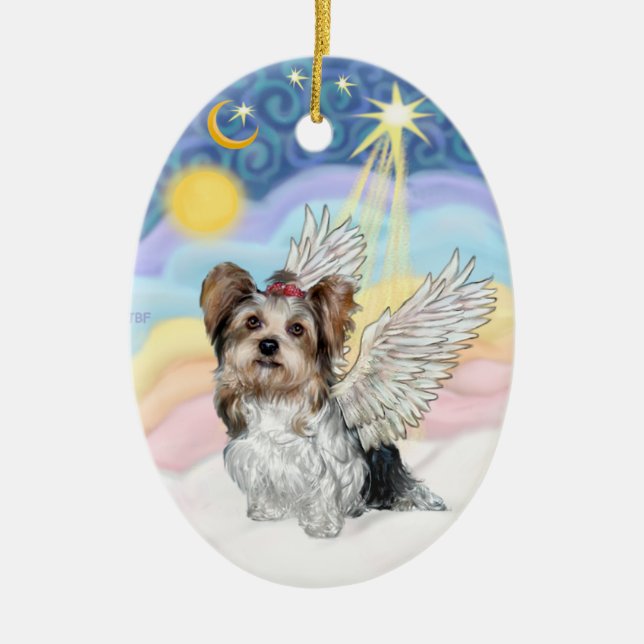 Biewer Yorkie Angel - Wolken #3 Keramik Ornament (Vorne)