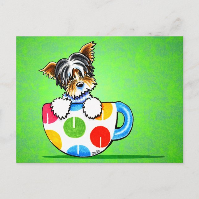 Biewer Yorkie Polka Dot Cup Green Postkarte (Vorderseite)