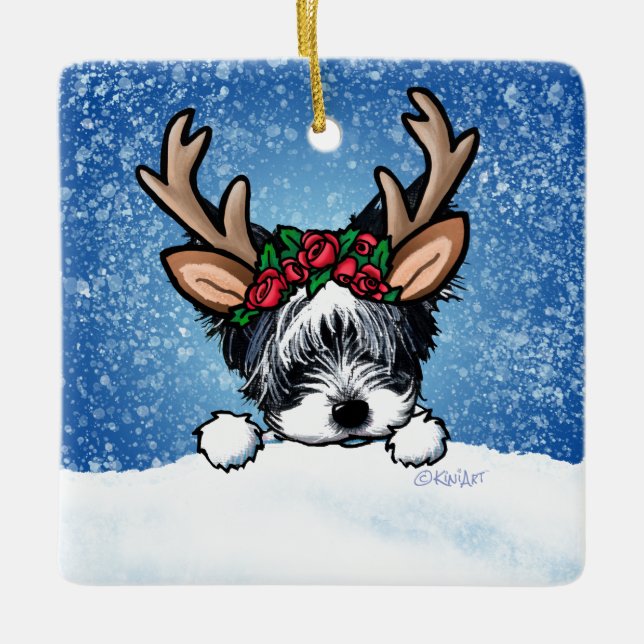 Biewer Yorkie Reindeer Ornement céramique (Devant)