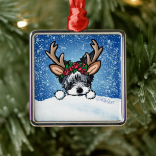 Biewer Yorkie Reindeer Ornement métallique