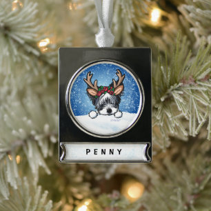 Biewer Yorkie Reindeer Weihnachtsschmuck Banner-Ornament Silber