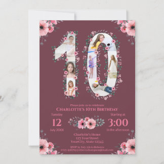 Big 10. Geburtstag Girl Foto Collage Pink Blume Einladung