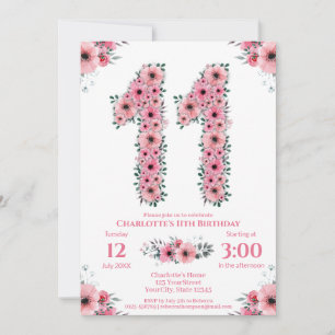 Big 11. Geburtstag Green Foliage Girl Pink Blume Einladung