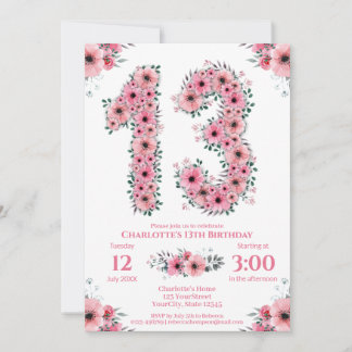 Big 13. Geburtstag Green Foliage Girl Pink Blume Einladung