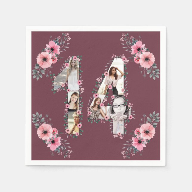Big 14. Geburtstag Girl Blume FotoCollage Serviette (Vorderseite)