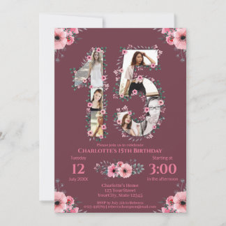 Big 15. Geburtstag Girl Foto Collage Pink Blume Einladung