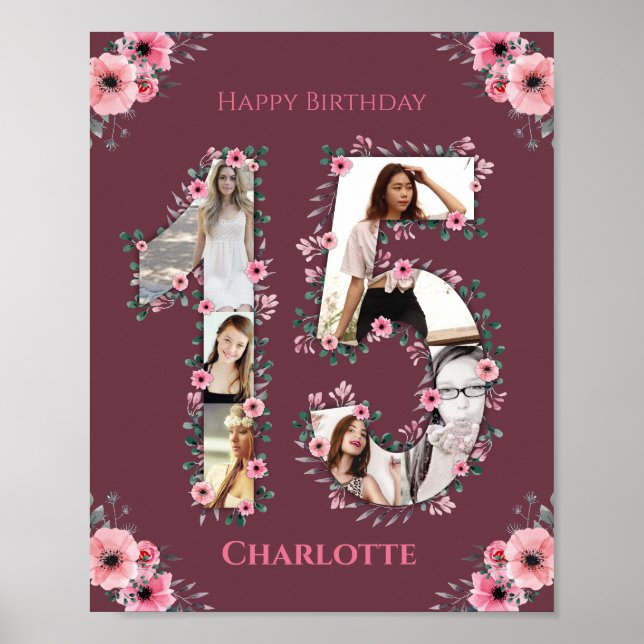 Big 15. Geburtstag Pink Flower Girl FotoCollage Poster (Vorne)