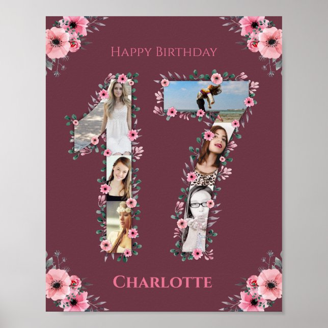 Big 17. Geburtstag Pink Flower Girl FotoCollage Poster (Vorne)