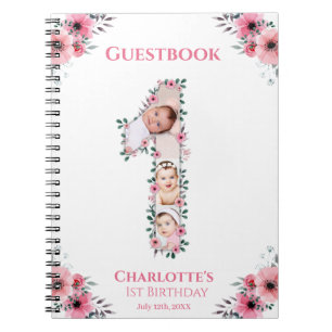 Big 1 Birthday Girl Foto Pink Blume Gästebuch Notizblock
