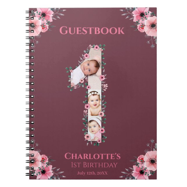Big 1 Birthday Girl Foto Pink Blume Gästebuch Notizblock (Vorderseite)