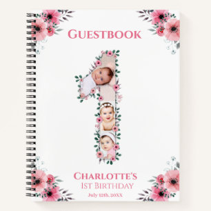 Big 1 Birthday Girl Foto Pink Blume Gästebuch Notizbuch