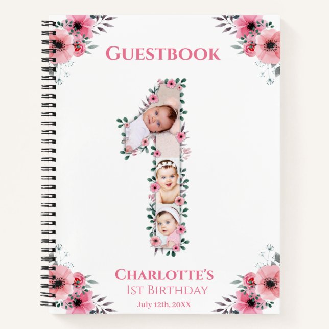 Big 1 Birthday Girl Foto Pink Blume Gästebuch Notizbuch (Vorderseite)