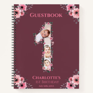 Big 1 Birthday Girl Foto Pink Blume Gästebuch Notizbuch