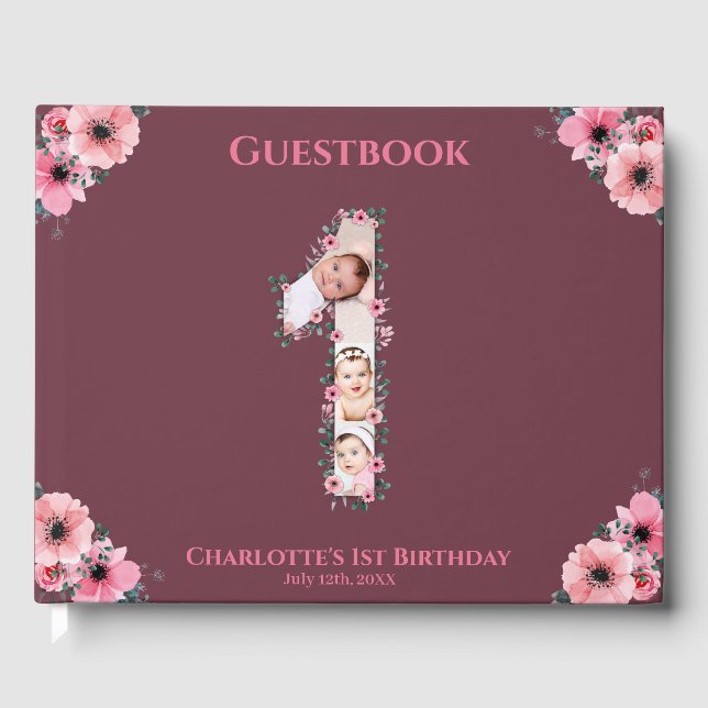 Big 1st Birthday Foto Collage Flower Girl Pink Gästebuch (Vorderseite)
