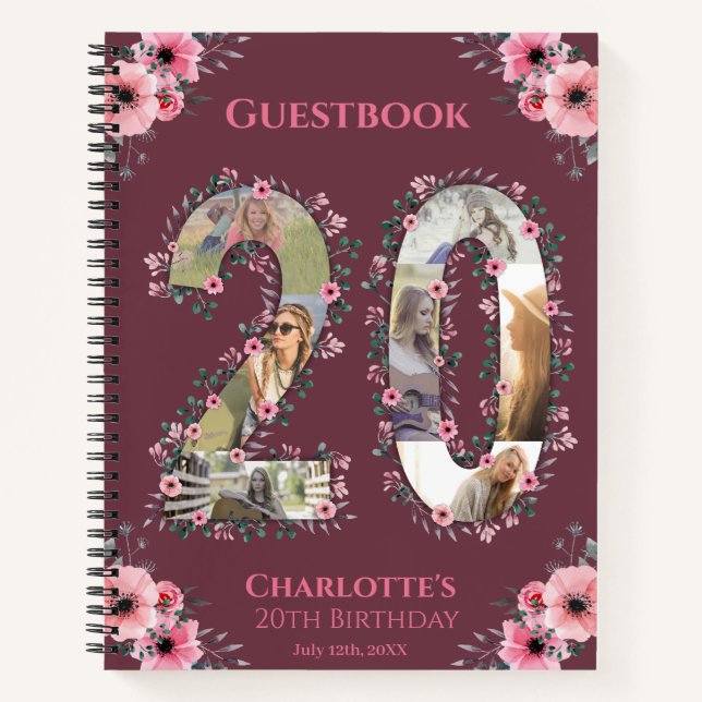 Big 20. Geburtstag Foto Pink Blume Gästebuch Notizbuch (Vorderseite)
