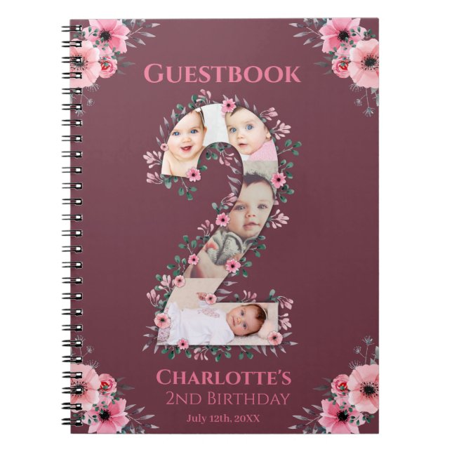 Big 2 Birthday Girl Foto Pink Blume Gästebuch Notizblock (Vorderseite)