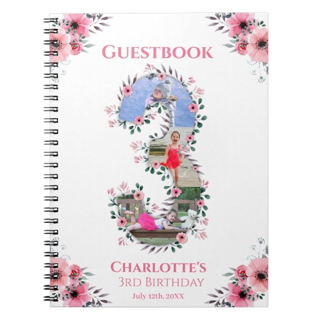 Big 3 Birthday Girl Foto Pink Blume Gästebuch Notizblock (Vorderseite)