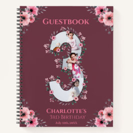 Big 3 Birthday Girl Foto Pink Blume Gästebuch Notizbuch