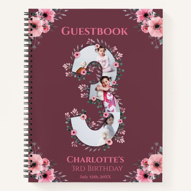 Big 3 Birthday Girl Foto Pink Blume Gästebuch Notizbuch (Vorderseite)