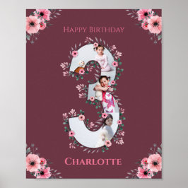 Big 3. Geburtstag Girl Foto Collage Pink Blume Poster