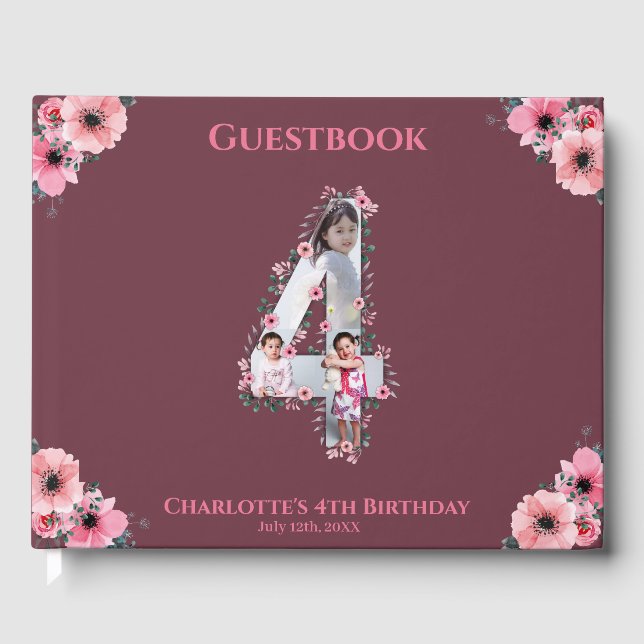 Big 4th Birthday Foto Collage Flower Girl Pink Gästebuch (Vorderseite)