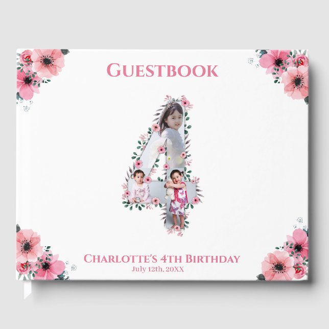 Big 4th Birthday Foto Collage Flower Girl White Gästebuch (Vorderseite)