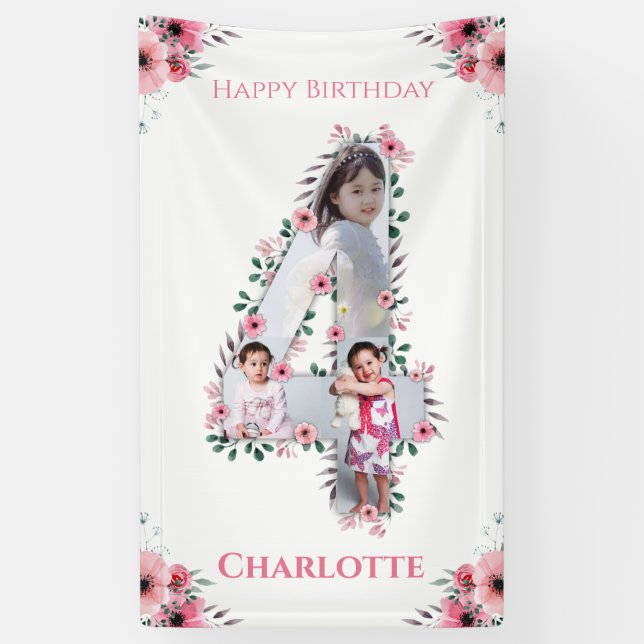 Big 4th Birthday Girl Foto Collage Pink Blume Banner (Vertikal)
