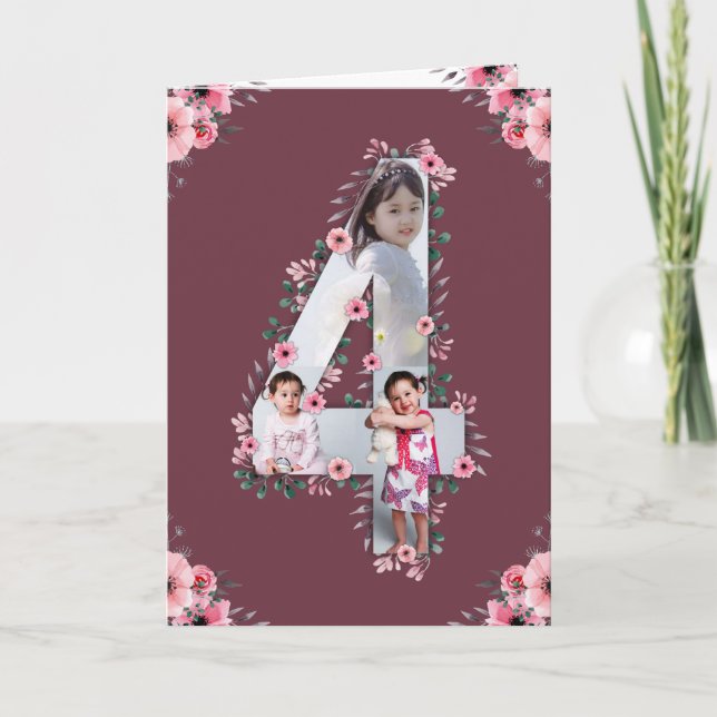 Big 4th Birthday Girl Foto Collage Pink Blume Karte (Vorderseite)
